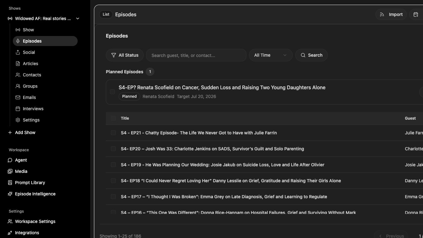 The PodMule app — a podcast's full episode library
